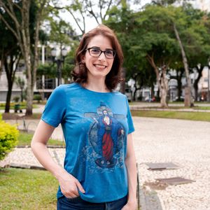 CAMISETA FEMININA JESUS DAS SANTAS CHAGAS AZUL