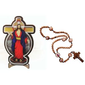 Kit Crucifixo de Madeira e Terço Jesus das Santas Chagas