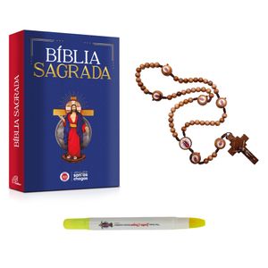 Kit Biblia Sagrada Terço 10mm e Caneta Marca Texto Jesus das Jantas Chagas