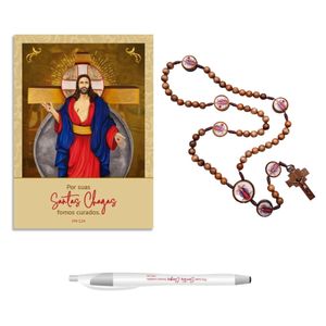 Kit Bloco de Notas Jesus das Santas Chagas Terço 8mm e Caneta Marca Texto