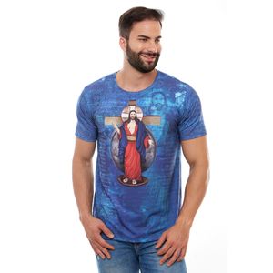 Camiseta Masculina Azul com Oração Jesus das Santas Chagas