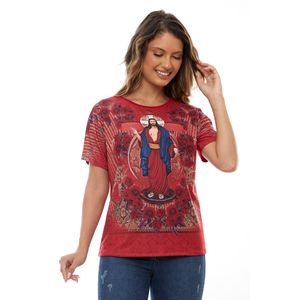 Camiseta Feminina Vermelha Manga Japonesa Com Flores Jesus das Santas Chagas