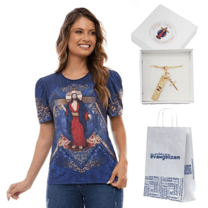 Kit Camiseta Jesus das Santas Chagas Azul com Colar Virtude Fé Semi Joia