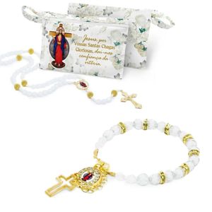 Kit Terço com Bolsinha e Pulseira com Strass Jesus das Santas Chagas