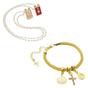 Kit Escapulário Dourado com Pérolas e Pulseira Dourada São Bento