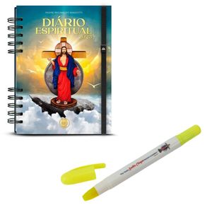 Kit Diario Espiritual 2025 Capa Céu e Caneta Marcador Jesus das Santas Chagas