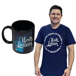 Kit Camiseta Azul e Caneca Noite de Louvor