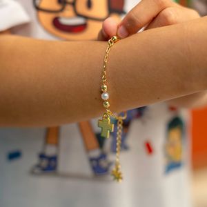 Pulseira Infantil Dourada com  Cruz