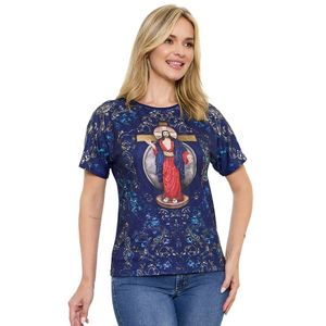 Camiseta Feminina Jesus das Santas Chagas com Strass | Manga Japonesa Azul Profundo