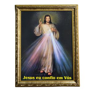 Quadro Decorativo Jesus Misericordioso Moldura Dourada em Madeira