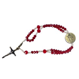Pulseira Terço Medalha Jesus das Santas Chagas Cristal Vermelho