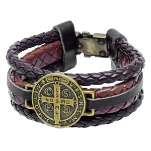 Pulseira Medalha de São Bento Couro Trançado