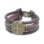 Pulseira Medalha de Sao Bento Couro Trancado
